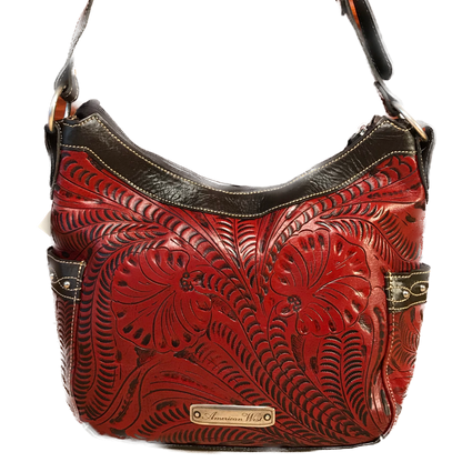 Distressed Crimson Zip-Top Hobo with Belt
