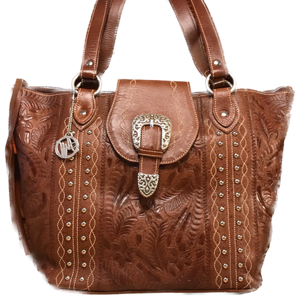 Antique Brown Carved Leather Zip-Top Bucket Tote