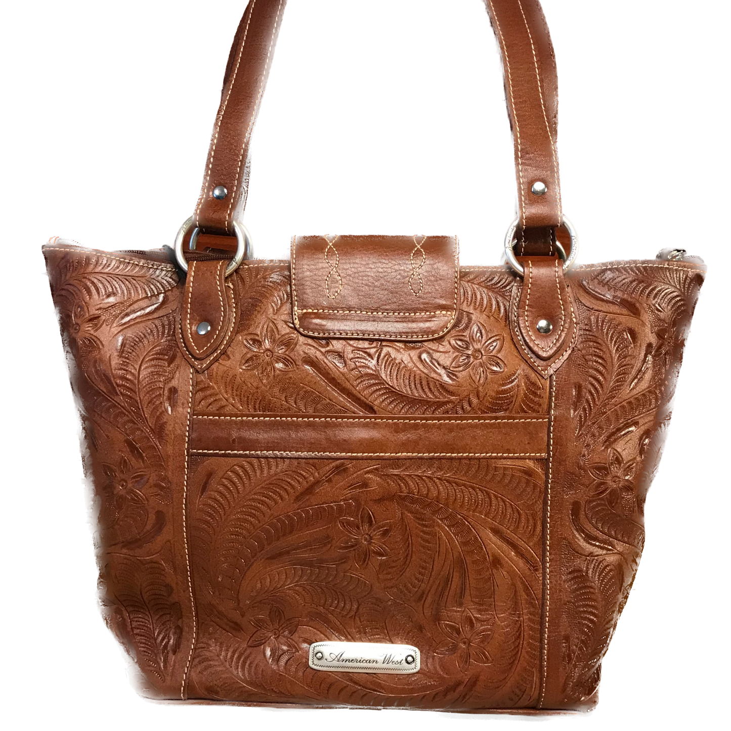 Antique Brown Carved Leather Zip-Top Bucket Tote