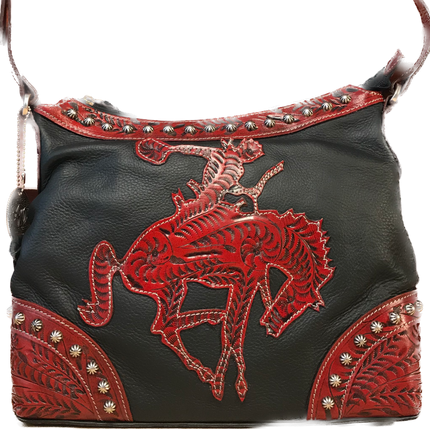 Soft, Black Leather with Antique Red Bucking Bronco Zip-Top Hobo - American Leatherworks