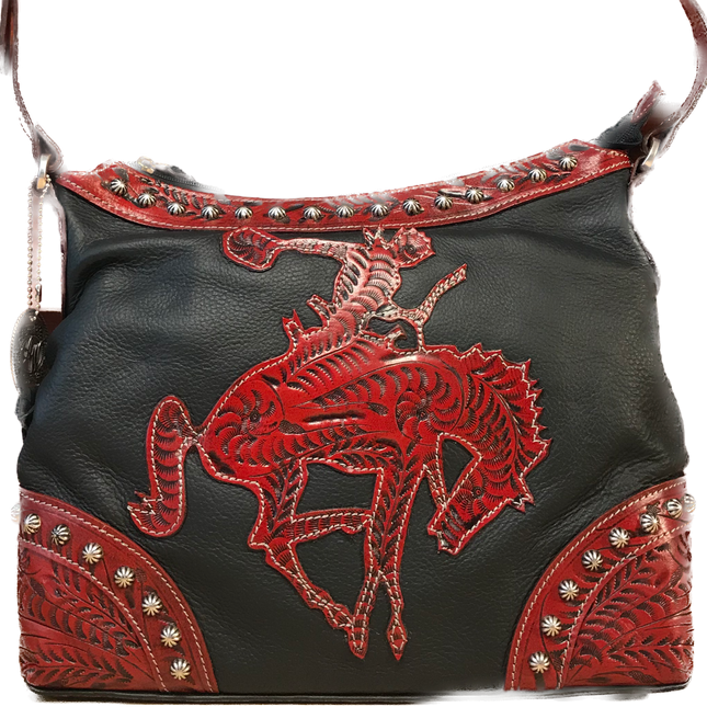 Soft, Black Leather with Antique Red Bucking Bronco Zip-Top Hobo - American Leatherworks