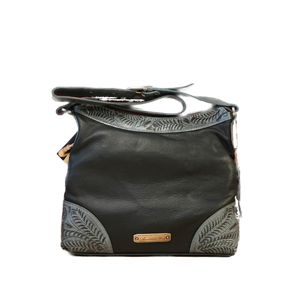 Soft, Chocolate Leather with Blue Bucking Bronco Zip Top Hobo - American Leatherworks