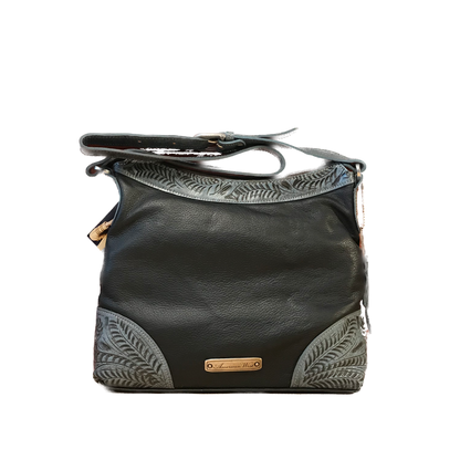 Soft, Chocolate Leather with Blue Bucking Bronco Zip Top Hobo