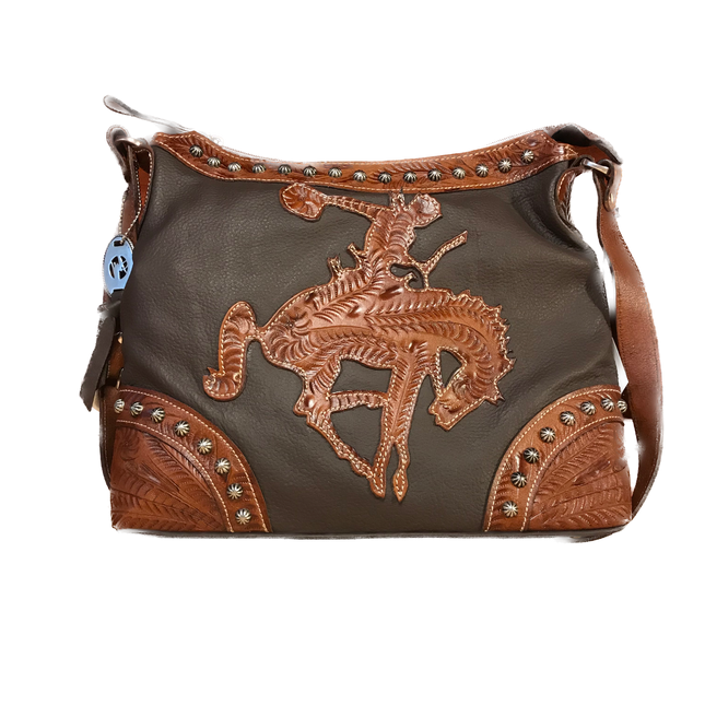 Soft, Tumbled Chocolate Leather with Antique Tan Bucking Bronco Zip-Top Hobo - American Leatherworks