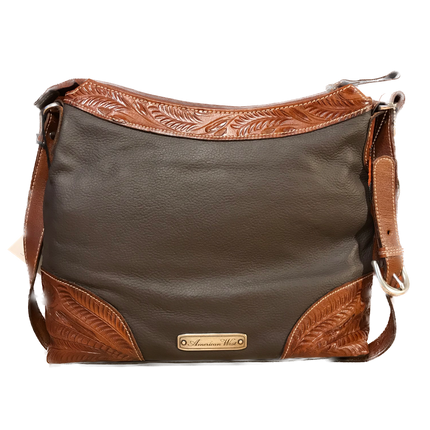 Soft, Tumbled Chocolate Leather with Antique Tan Bucking Bronco Zip-Top Hobo - American Leatherworks