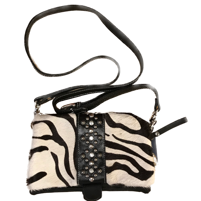 Black and White Zebra Print Hair-on Leather Foldover Clutch with Detachable Strap - American Leatherworks