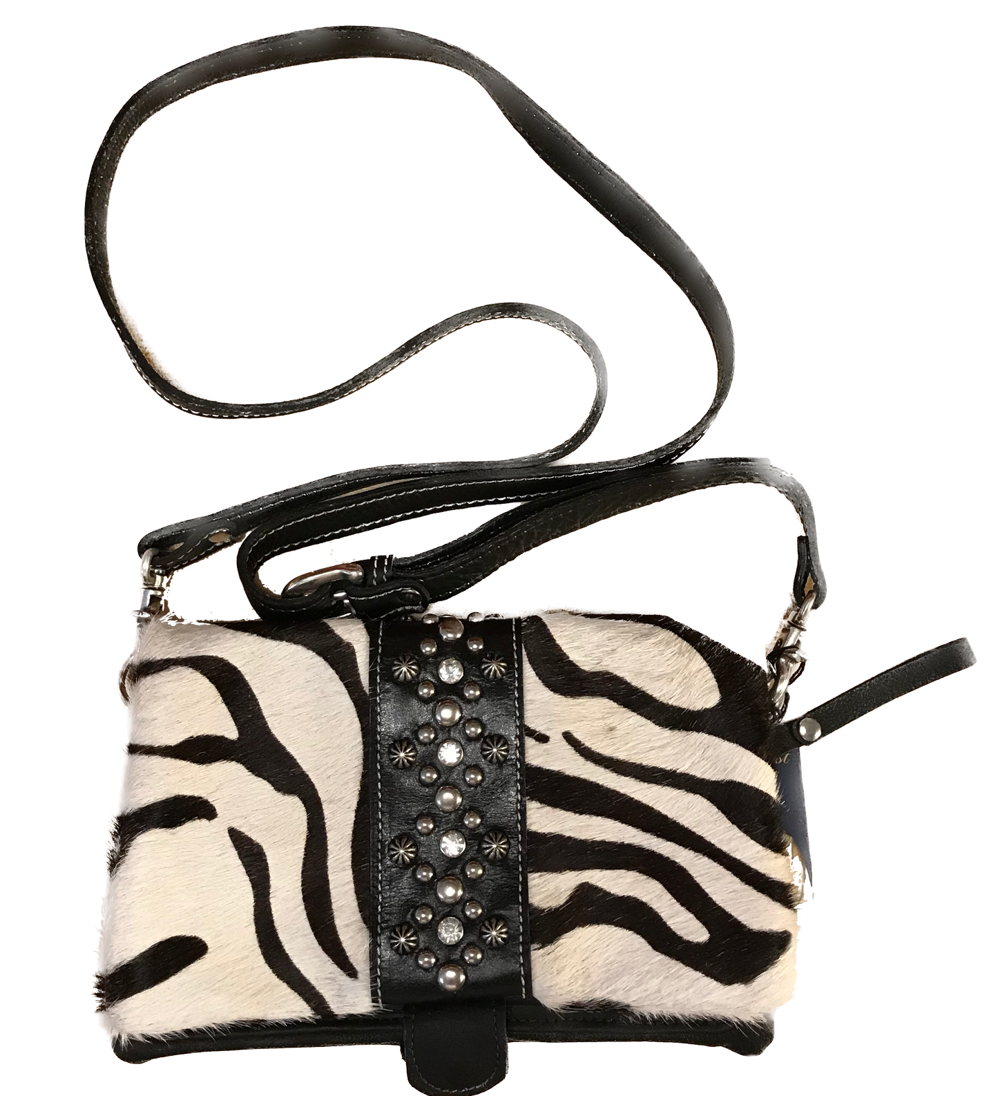 Black and White Zebra Print Hair-on Leather Foldover Clutch with Detachable Strap