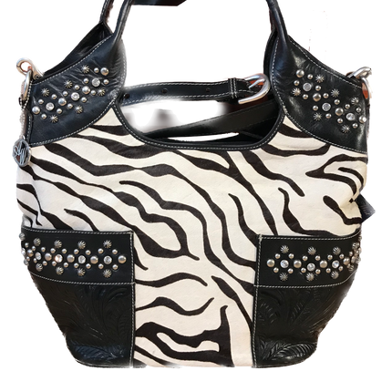 Zebra Print Hair-On Leather Zip-Top Carry-all Tote - American Leatherworks