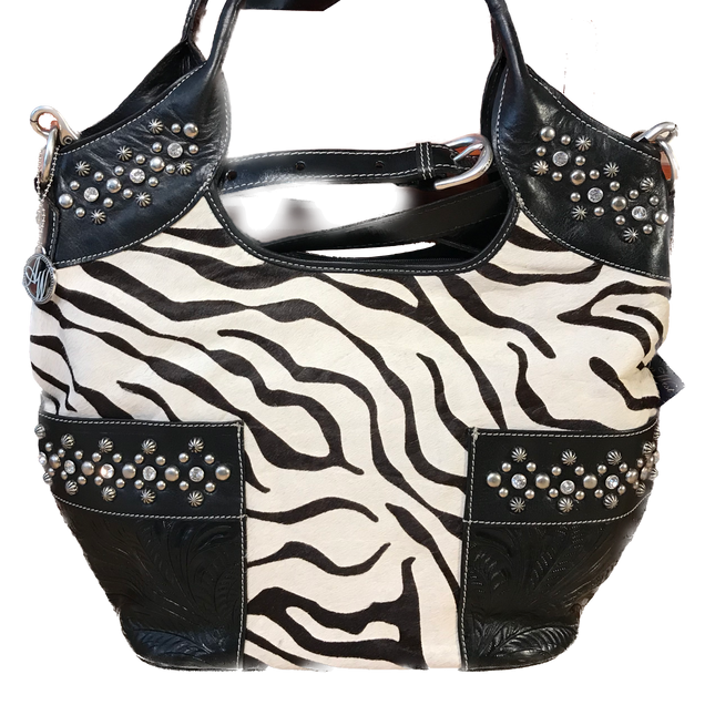 Zebra Print Hair-On Leather Zip-Top Carry-all Tote - American Leatherworks