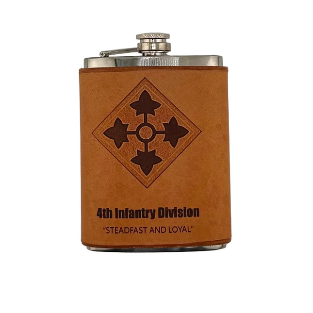 Leather Wrapped Flask 4th Infantry Division - American Leatherworks