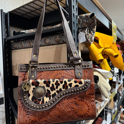 Brown Leather 3 Compartment Tote with Leopard Print Brindle Flap
