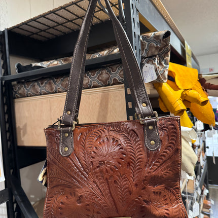 Brown Leather 3 Compartment Tote with Leopard Print Brindle Flap