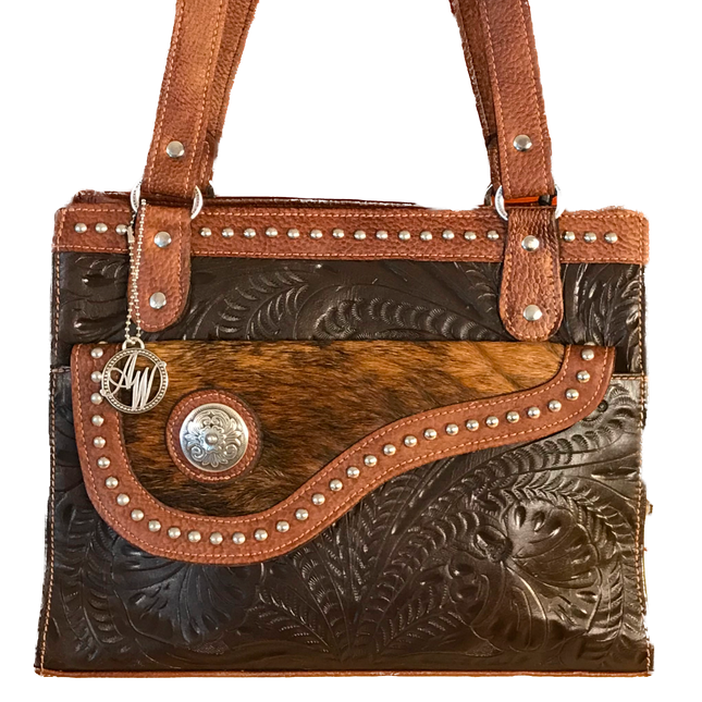 Brown Leather 3 Compartment Tote with Hair on Brindle Flap American Leatherworks