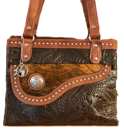 Brown Leather 3 Compartment Tote with Hair-on Brindle Flap