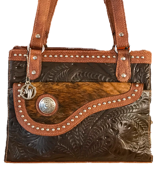 Brown Leather 3 Compartment Tote with Hair-on Brindle Flap
