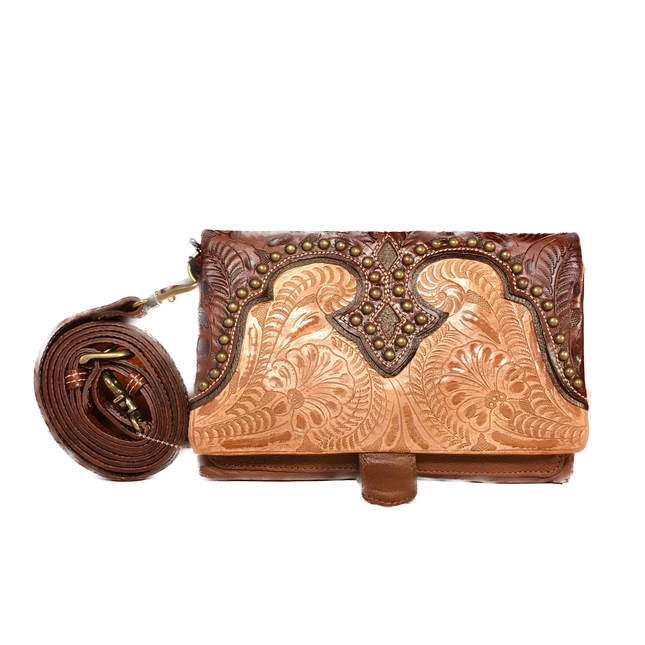 Foldover Brown Leather Clutch with Detachable Strap - American Leatherworks