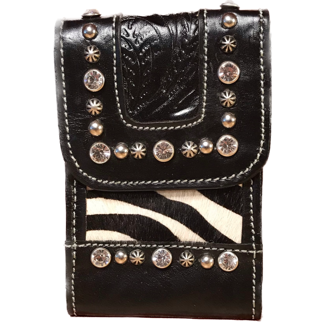 Zebra-Print Leather Accessory Pouch with Crystal Accents - American Leatherworks