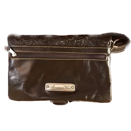 Chocolate and Turquoise Leather Foldover Clutch with Detachable Strap