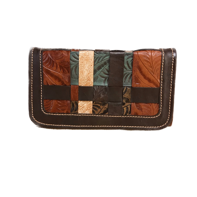 Ladies' Woven Turquoise, Chocolate, and Brown Leather Trifold Wallet - American Leatherworks