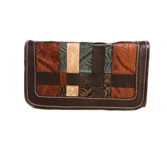 Ladies' Woven Turquoise, Chocolate, and Brown Leather Trifold Wallet
