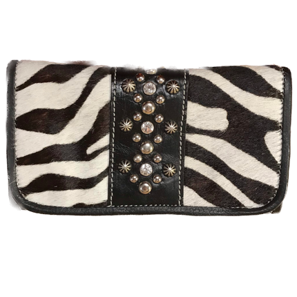 Zebra Print Leather Ladies' Trifold Wallet with Crystals - American Leatherworks
