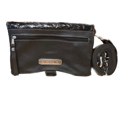 Black Leather Folded Clutch with Detachable Strap