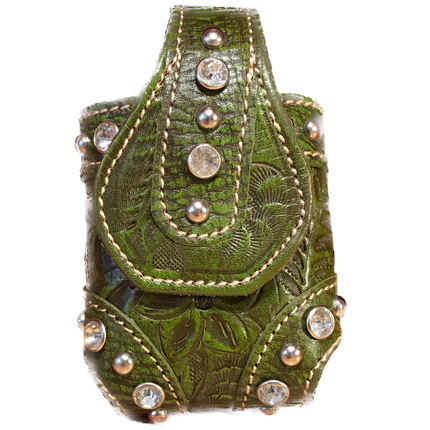 Two-Tone Green Leather Accessory Pouch with Crystal Accents - American Leatherworks