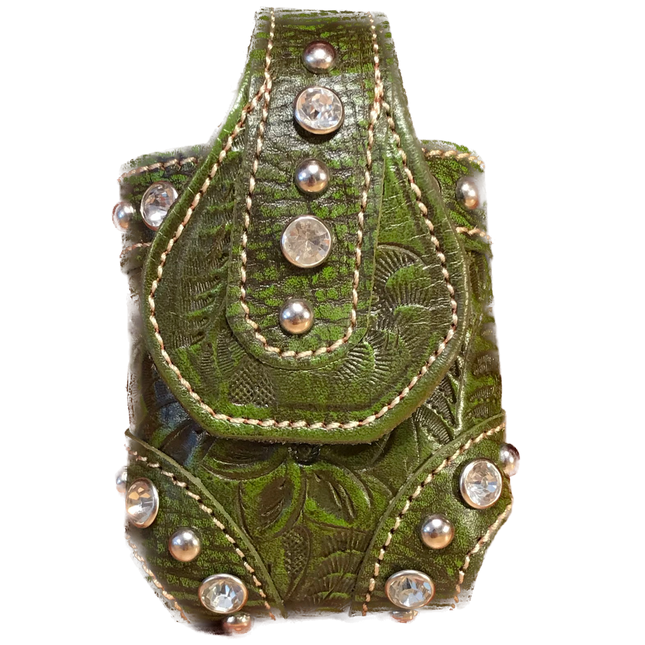 Two-Tone Green Leather Accessory Pouch with Crystal Accents - American Leatherworks