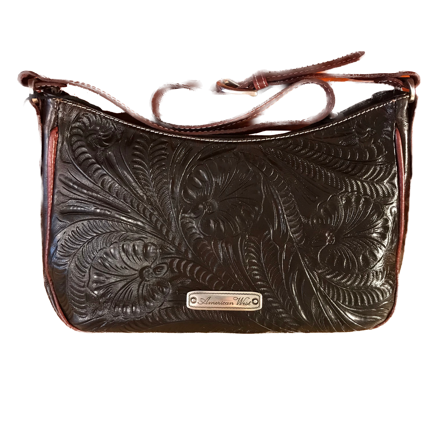 Dark Chocolate Leather with Antiqued Raspberry Trim Zip-Top Shoulder Bag