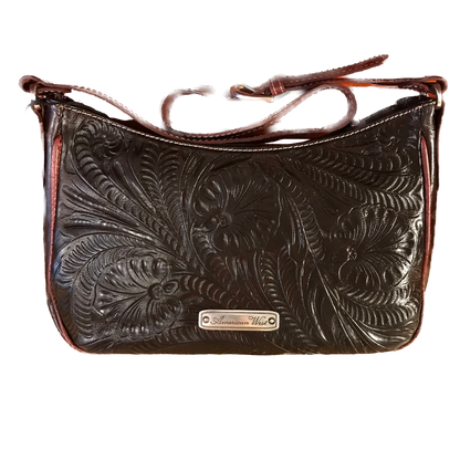Dark Chocolate Leather with Antiqued Raspberry Trim Zip-Top Shoulder Bag