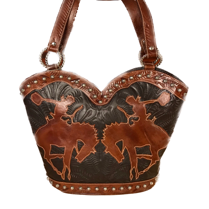 Dark Chocolate and Caramel Cowboy Cut-out Zip Top Tote - American Leatherworks