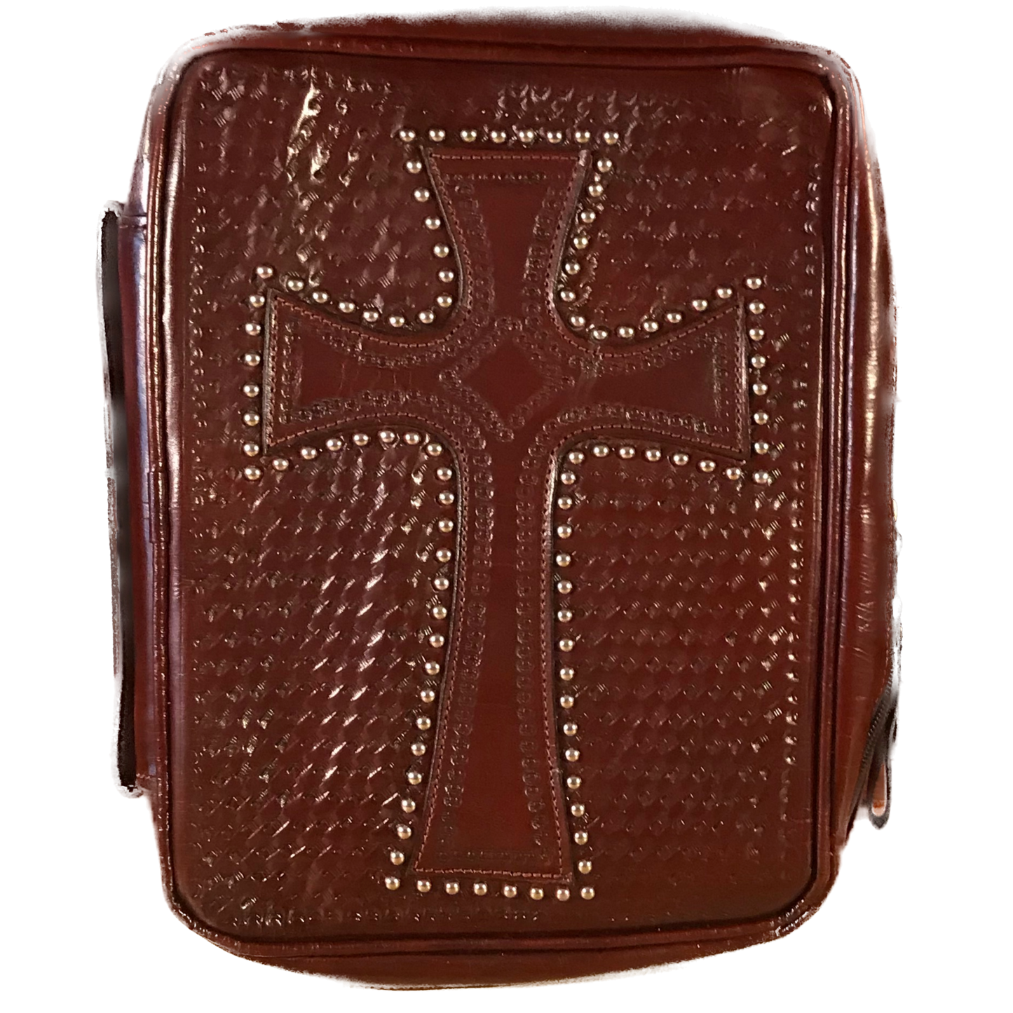Mahogany Leather Zip Around Bible Cover with Cross and Cell Pouch