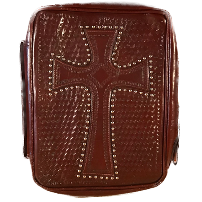 Mahogany Leather Zip Around Bible Cover with Cross and Cell Pouch