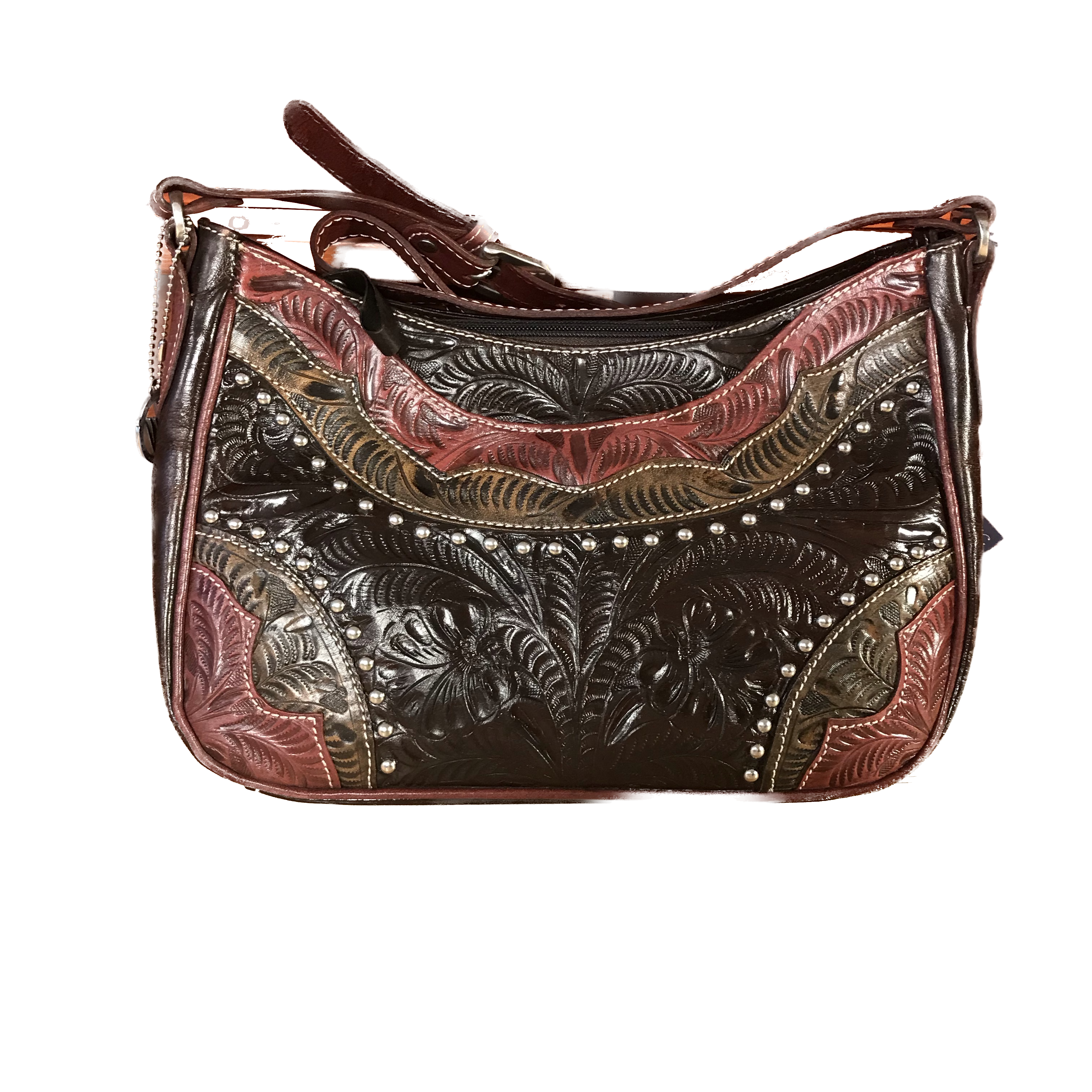 Dark Chocolate Leather with Antiqued Raspberry Trim Zip Top Shoulder Bag