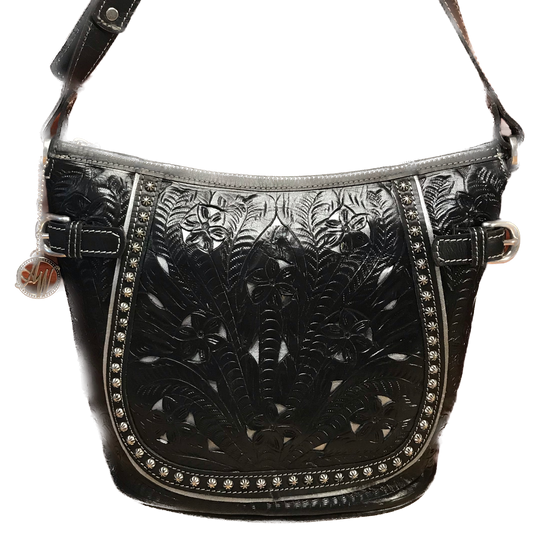 Filigree Black Leather Zip-Top Bucket Shoulder Bag - American Leatherworks