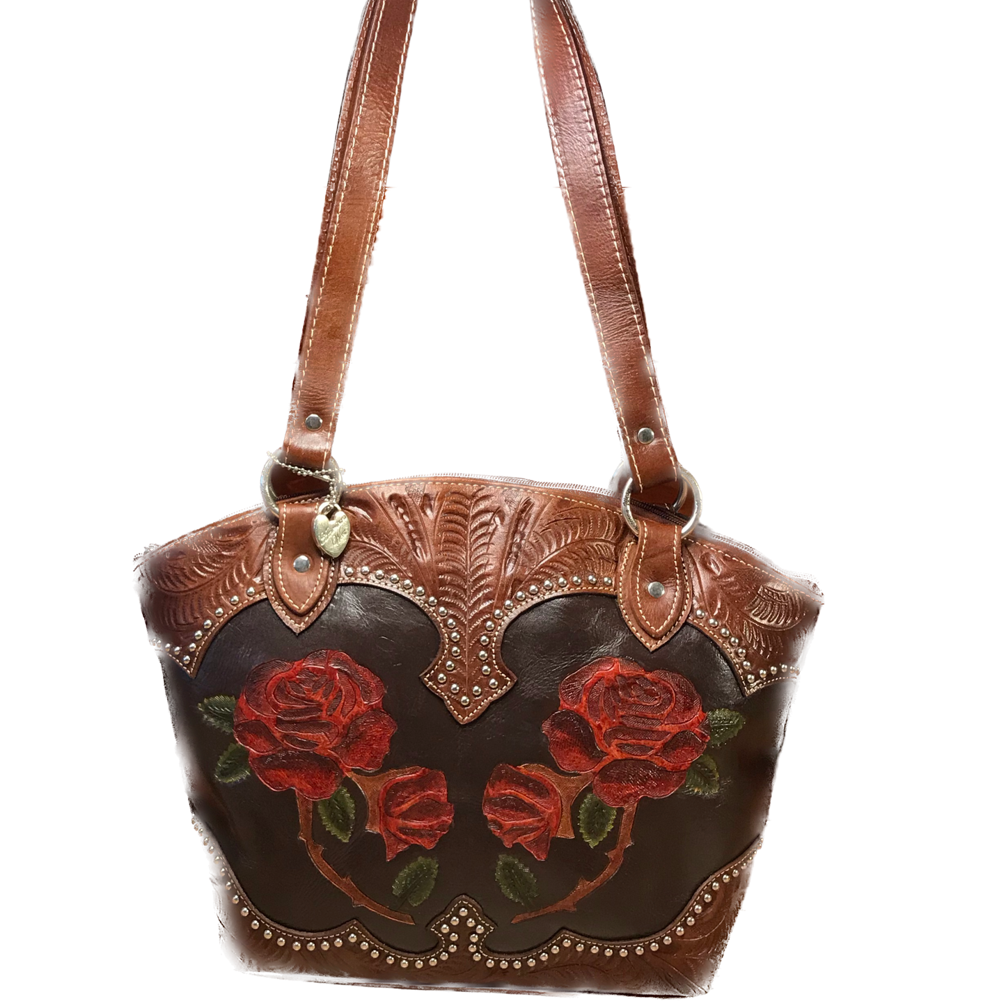 Red Roses Leather Zip-Top Bucket Tote