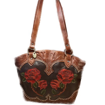 Red Roses Leather Zip-Top Bucket Tote