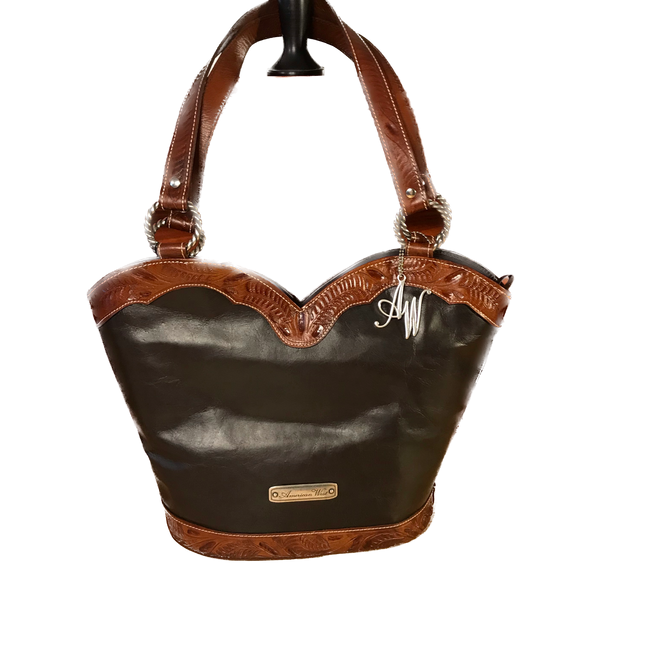 Dark Chocolate and Caramel Cowboy Cut-out Zip Top Tote - American Leatherworks