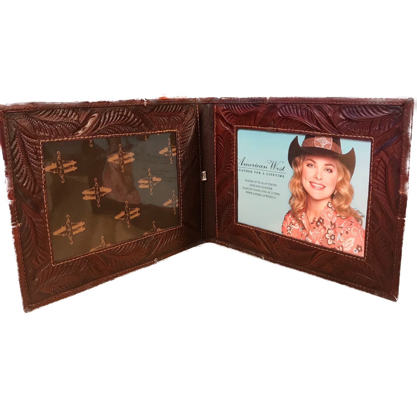 Antique Cherry Leather Folded Dual Picture Frame