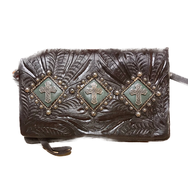 Chocolate and Turquoise Leather Foldover Clutch with Detachable Strap - American Leatherworks