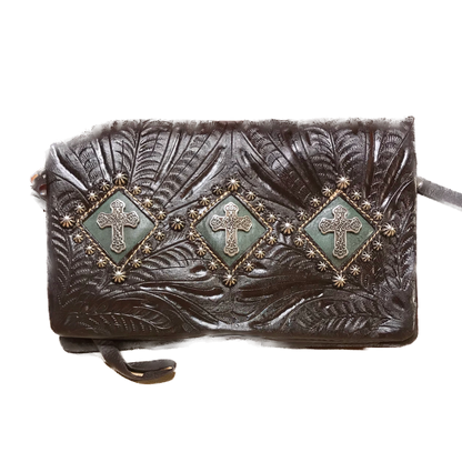 Chocolate and Turquoise Leather Foldover Clutch with Detachable Strap