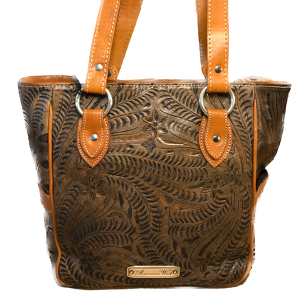 Antique Brown on Distressed Charcoal Brown Leather Zip Top Tote with 3 Outside Pockets - American Leatherworks