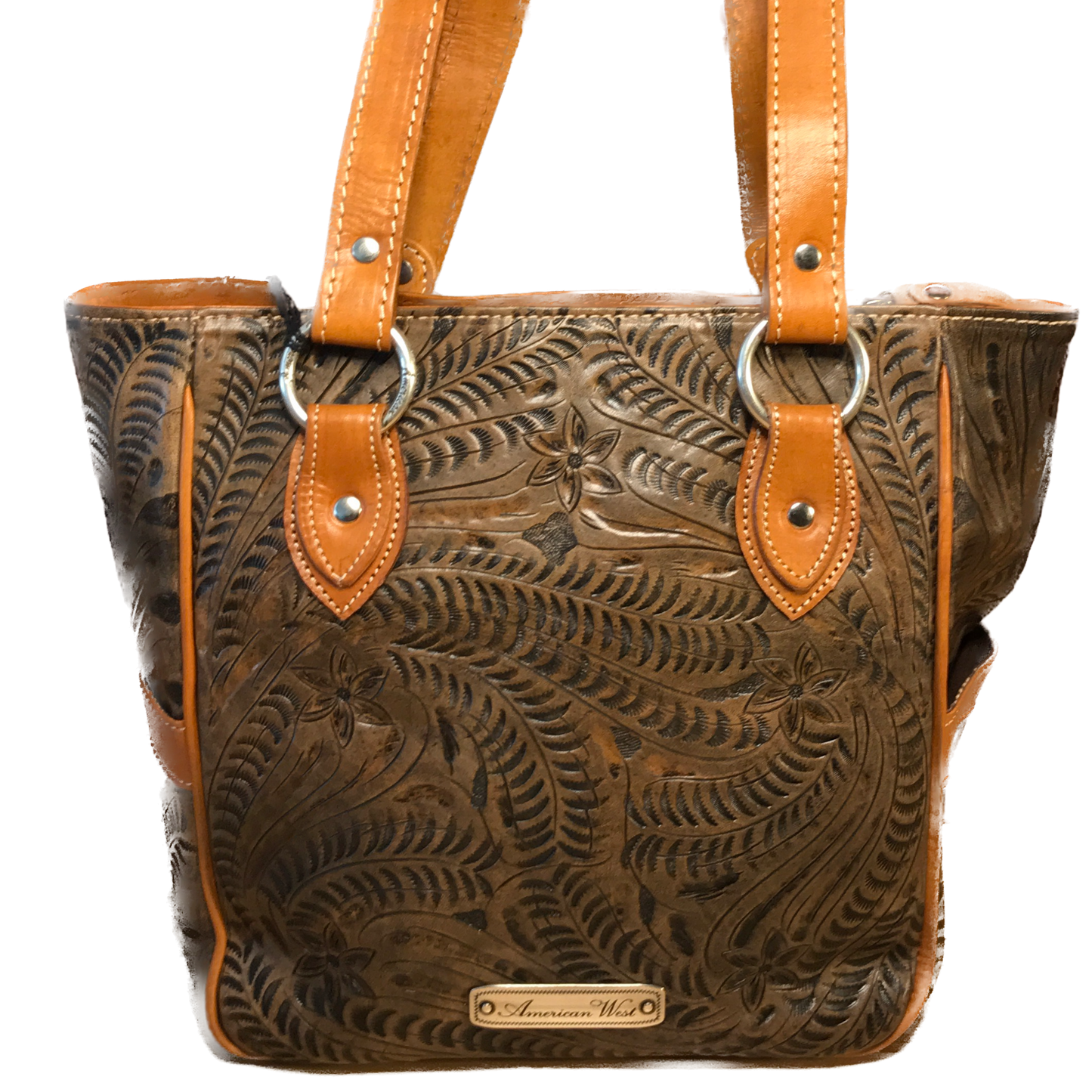 Antique Brown on Distressed Charcoal Brown Leather Zip Top Tote with 3 Outside Pockets