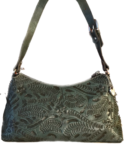 Turquoise Leather Zip-Top Shoulder Bag with Filigree Accents