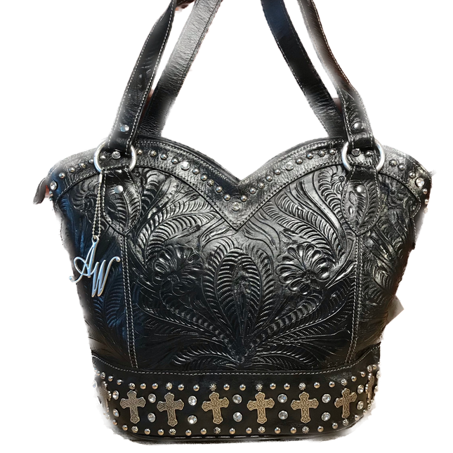 Hand Carved Black Leather Zip Top Tote - American Leatherworks