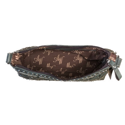 Turquoise Leather Zip-Top Shoulder Bag with Filigree Accents