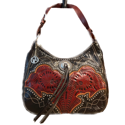 Dark Chocolate and Distressed Crimson Leather Zip Top Structured Hobo with Golden Tan Trim - American Leatherworks