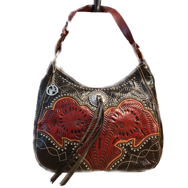 Dark Chocolate and Distressed Crimson Leather Zip Top Structured Hobo with Golden Tan Trim - American Leatherworks