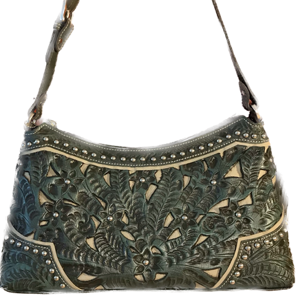Turquoise Leather Zip-Top Shoulder Bag with Filigree Accents - American Leatherworks