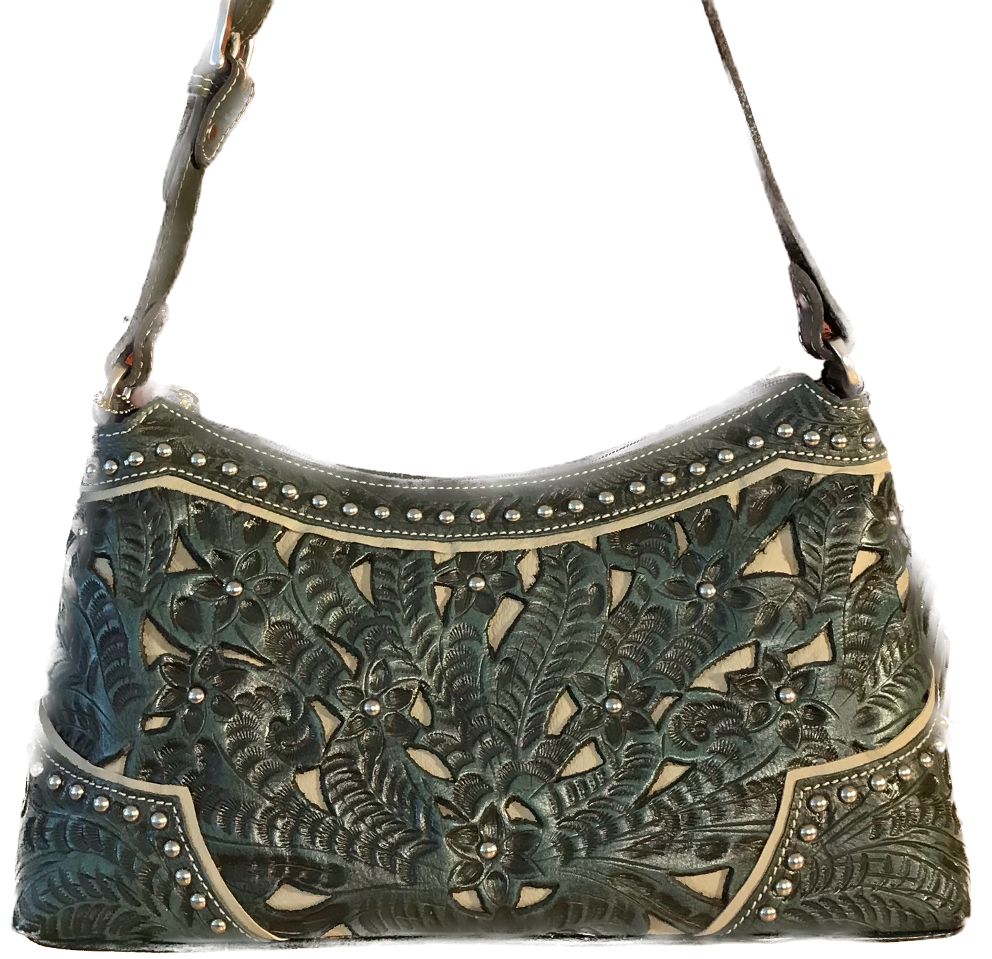Turquoise Leather Zip-Top Shoulder Bag with Filigree Accents